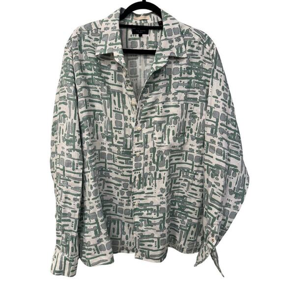 Ted Baker 2XL Men's White Green Compter Revere Print Linen Long Sleeve Button - Picture 1 of 5